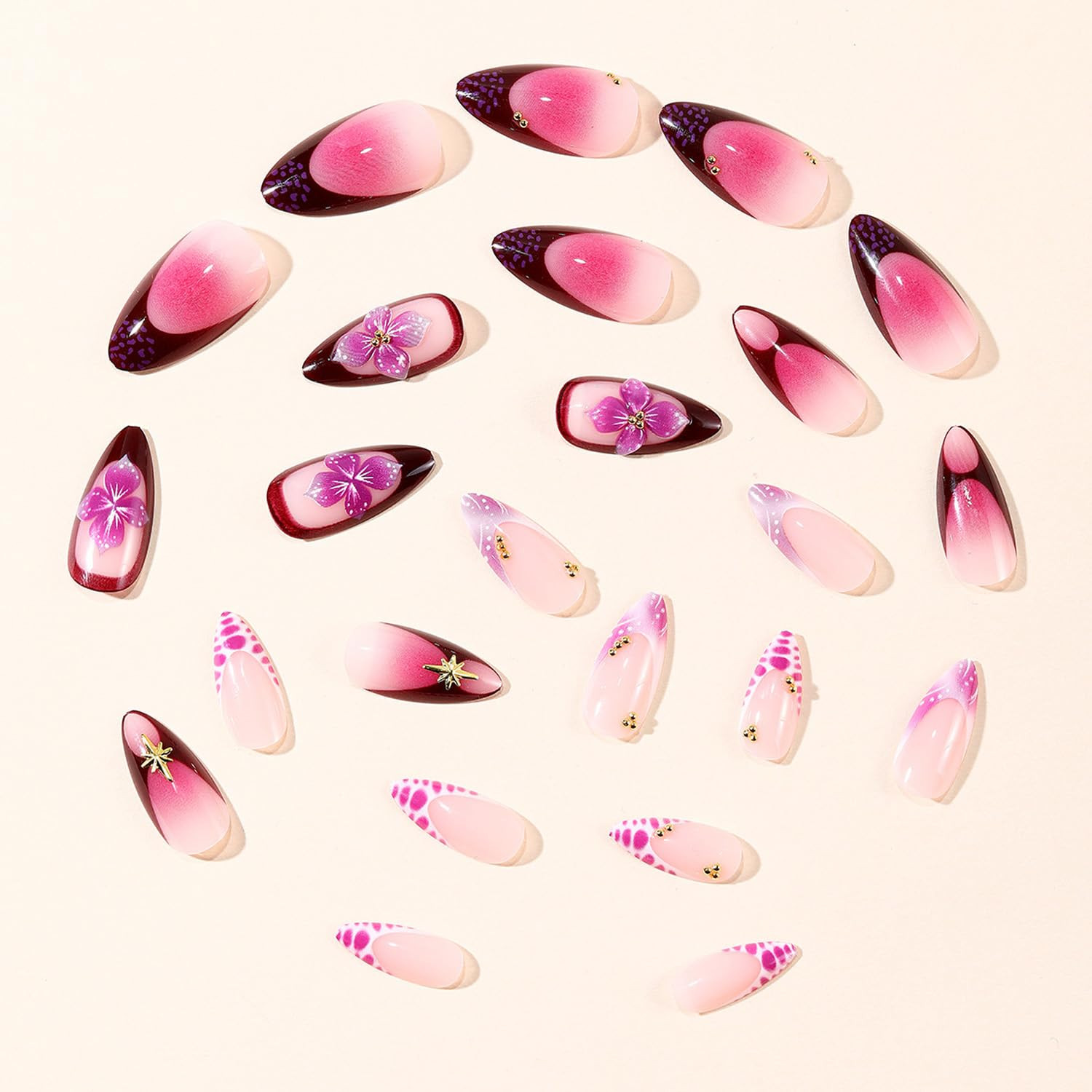 24Pcs French Tip Press on Nails Medium Almond Fake Nails Purple Flower and Gold