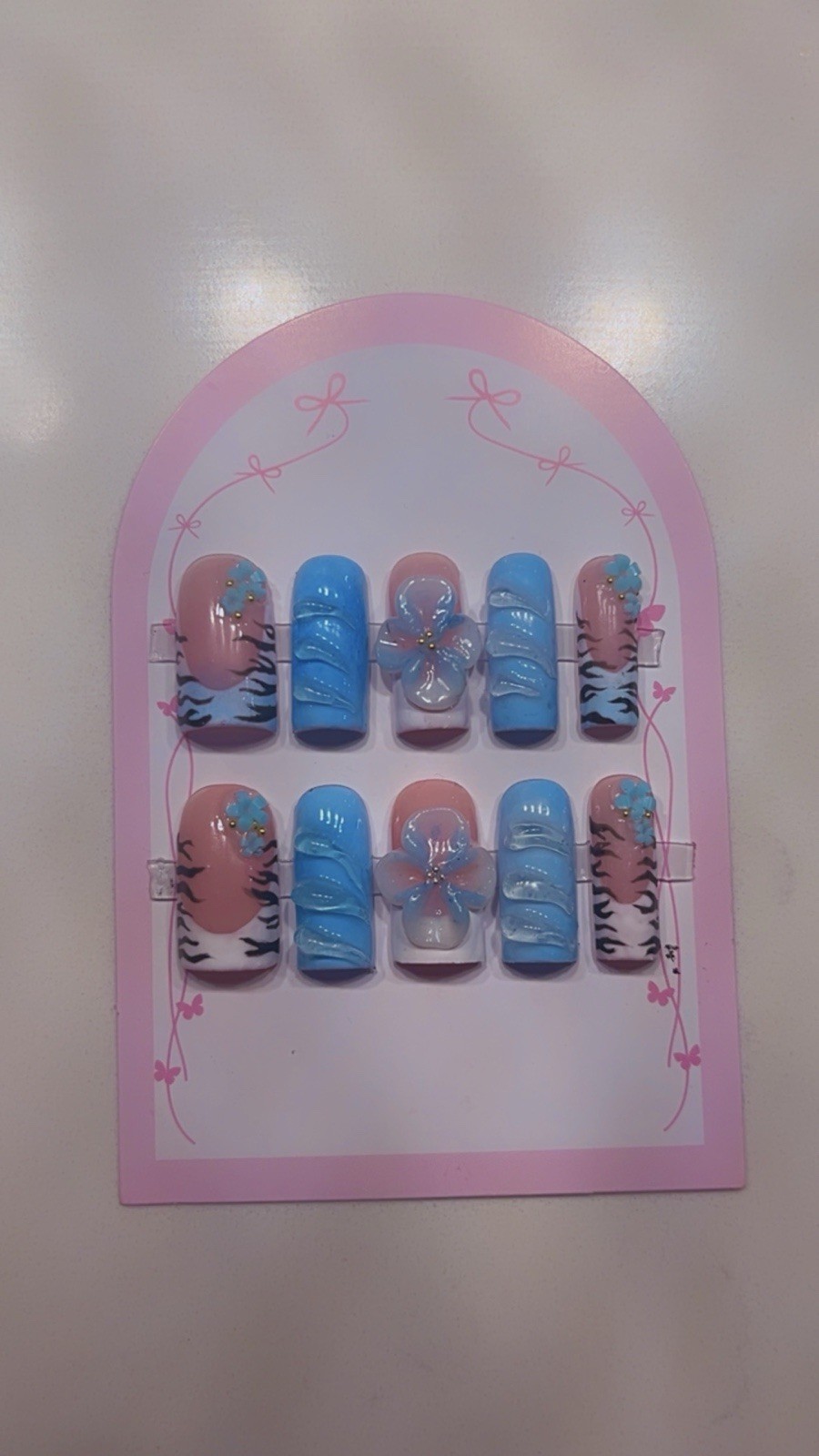 Press-On Nails Medium Square 3D Flower Animal Print Full Cover Blue Nude White