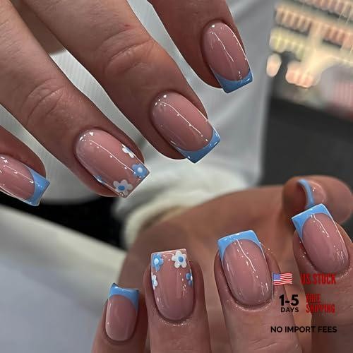 Spring Summer Press on Nails Blue French Tip Fake Nails Flowers Design Style-14