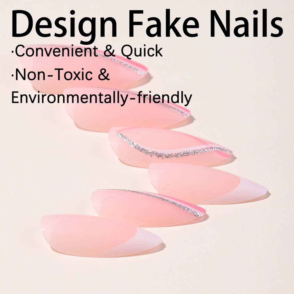24Pcs French Tip Press on Nails Medium Almond Fake Nails White Silver Curve F…