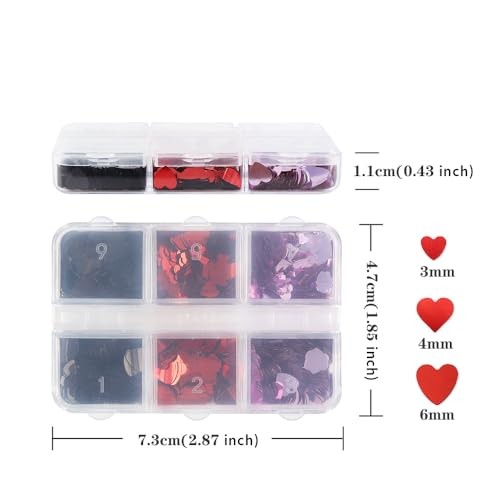 3D Heart Nail Art Glitter Sequins for Valentine, Red Black Mixed Holographic