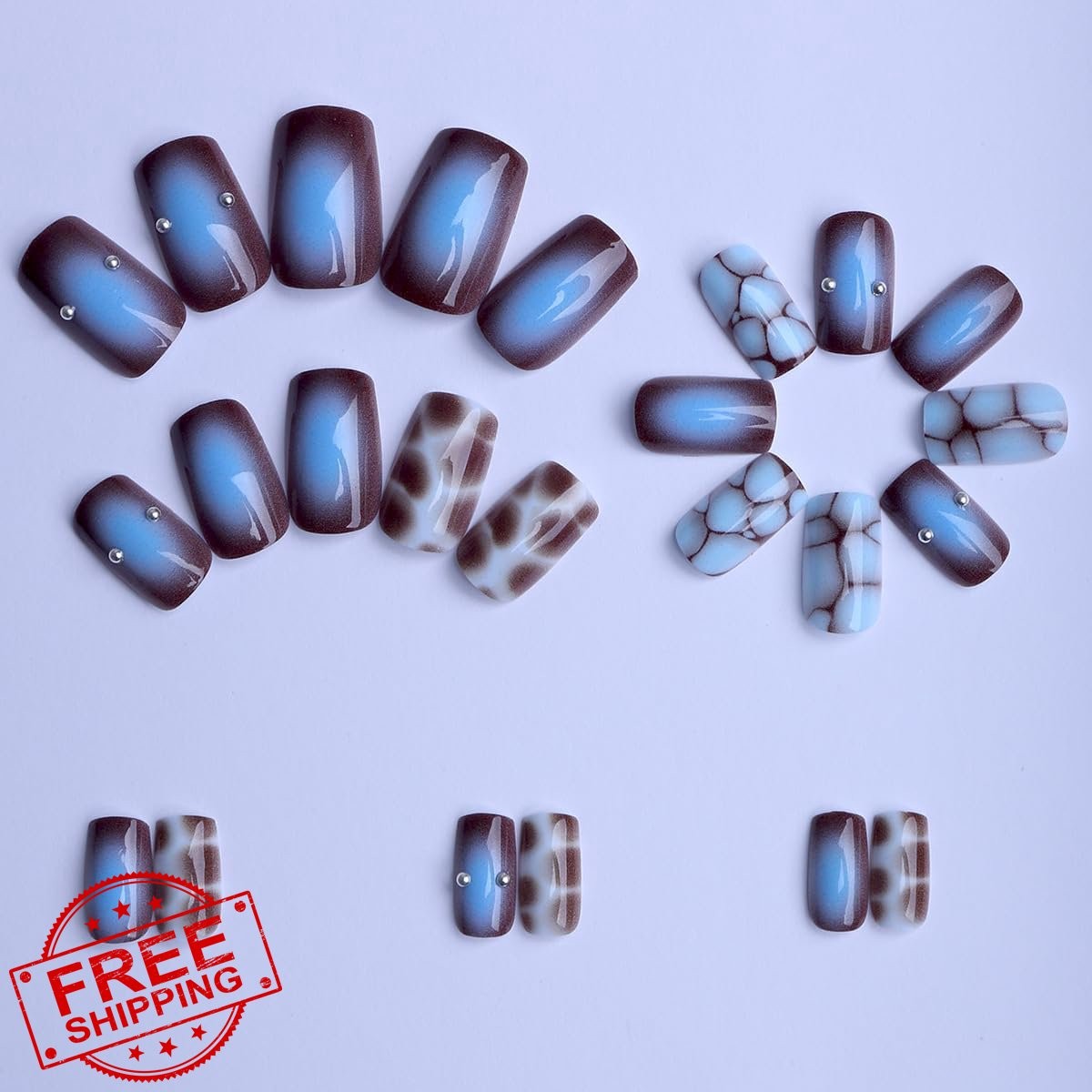 plalely Blue Turtle Print Square Press on Nails 24pcs