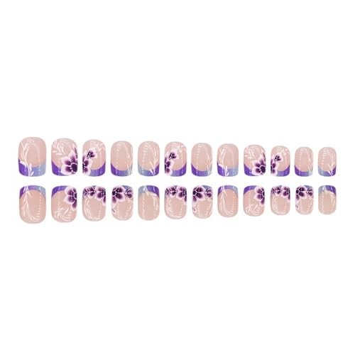 French Tips Press on Nails Purple Flower Fake Nails with Purple Ombre Flower
