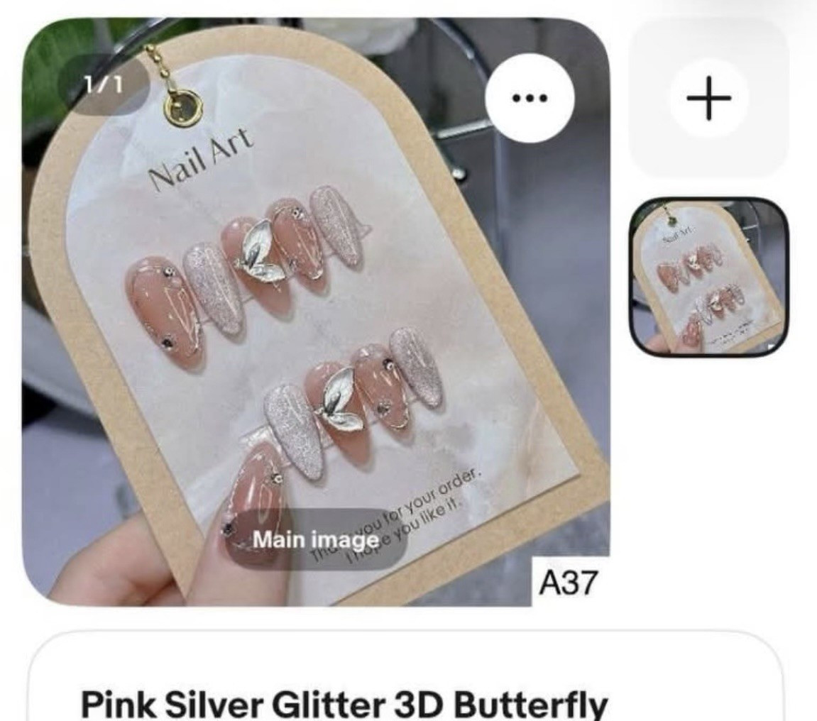 Pink & Silver Glitter 3D Butterfly Acrylic Almond Long Press-On Nails A37