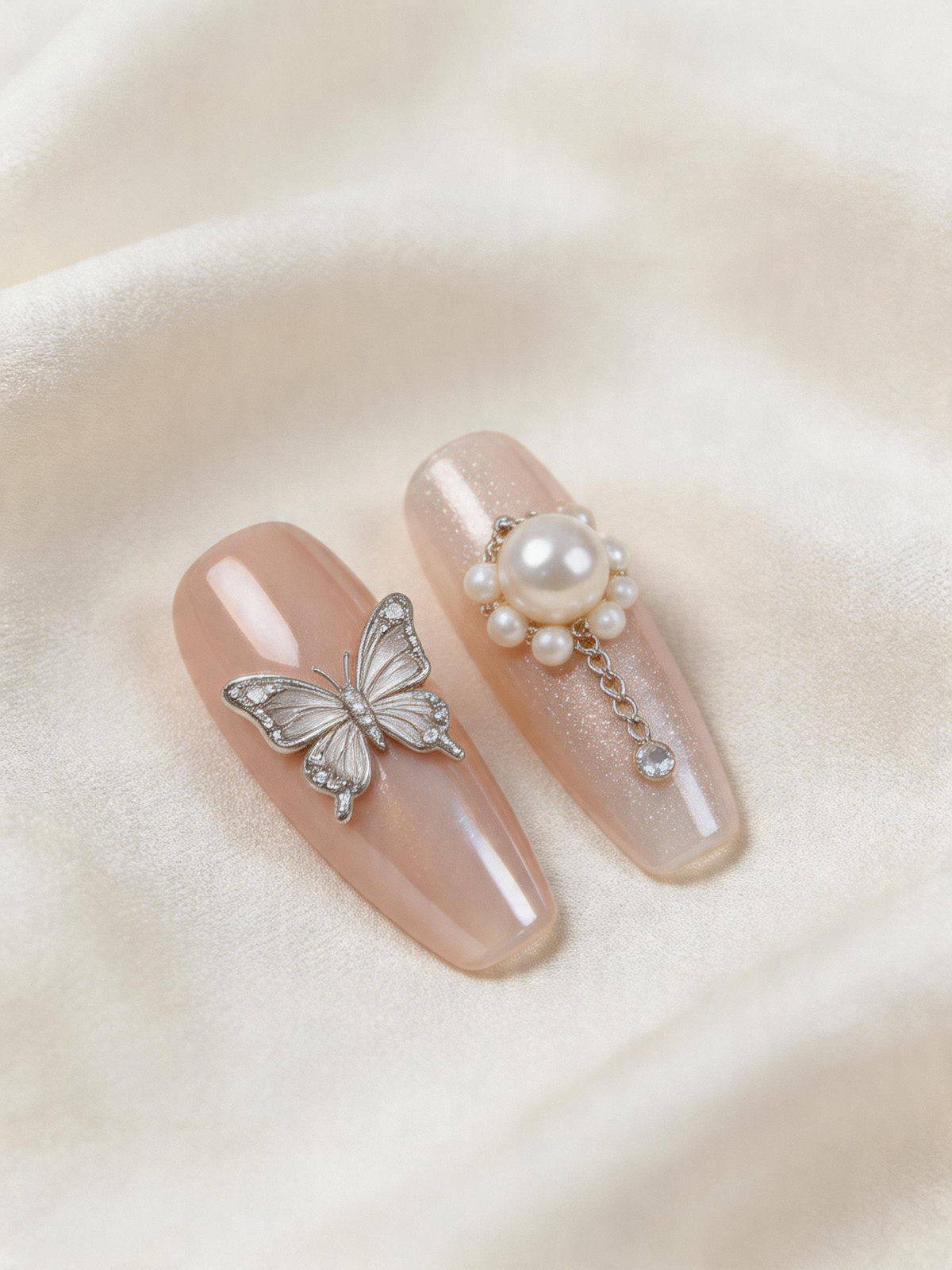 Press-On Nails Mystery Box Nude Pink Butterfly Pearl Rhinestone Surprise Women