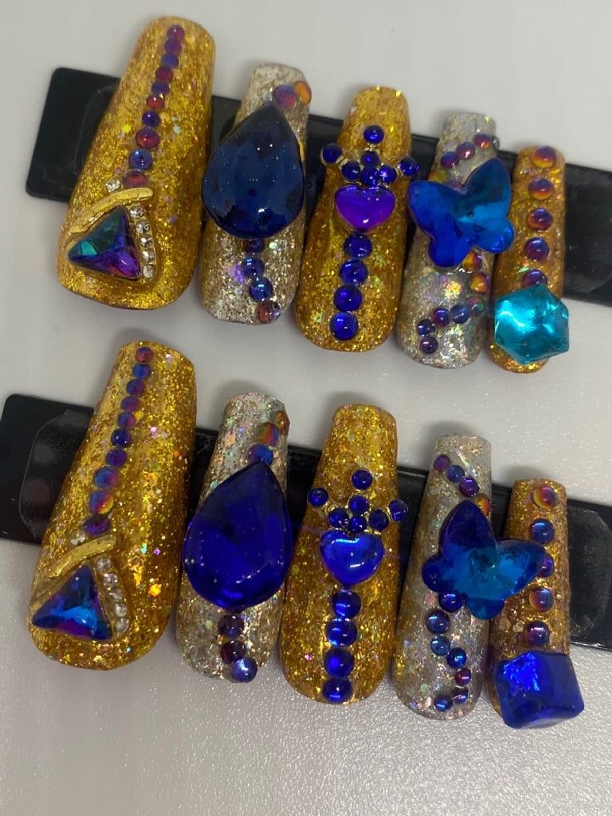Silver and Gold Foils with Blue Jewels Handmade Press On Nail Set