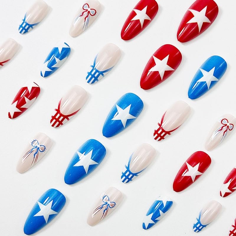 24Pcs 4th of July Press on Nails Short Almond 250th Anniversary Style03