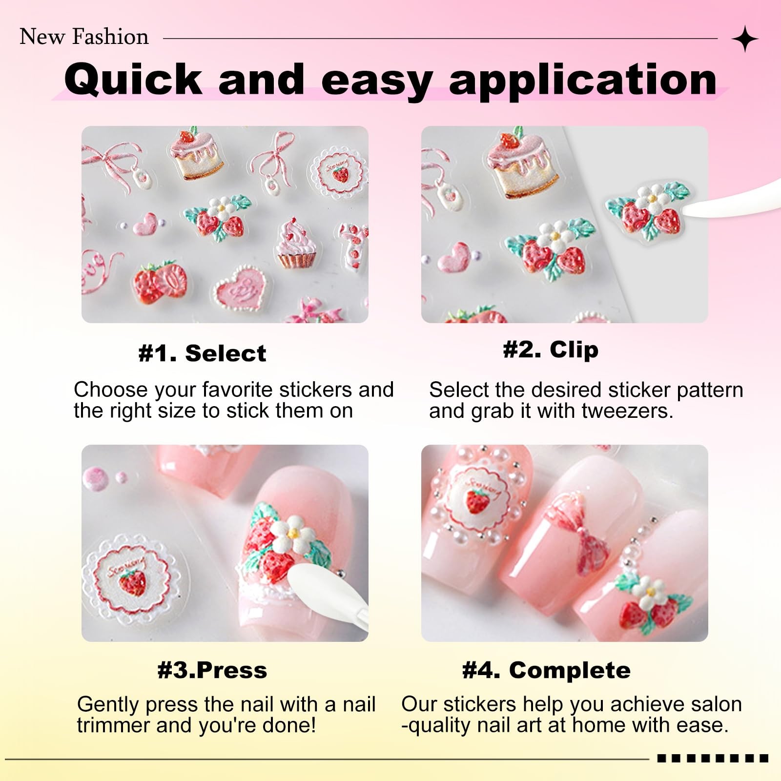 5D Embossed Pink Nail Stickers for Nail Art Cake Strawberry Bow Nail Decals A…