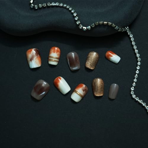 Brown Press on Nails Extra Short Coffin Nails, Handmade 3D M Vintage Gold-Brown