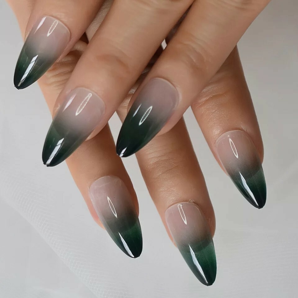 24 Ombre Green Press On Nails w/ Glue Nude Dark pointed almond stiletto goth