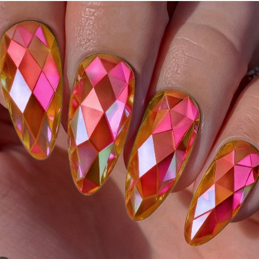 24pcs 3D Rhombus Press-On Nails, Electroplated Almond Fake Tips for Women