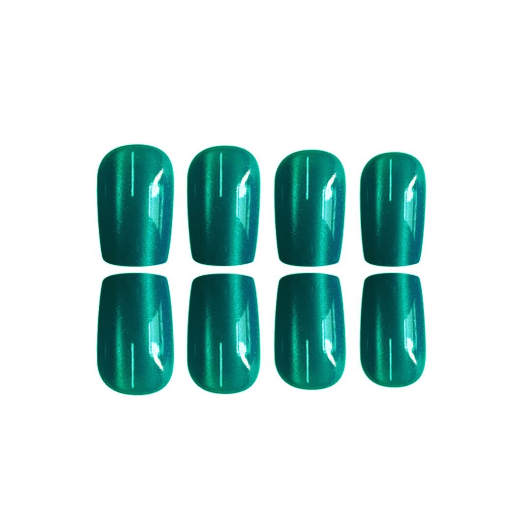 Dark Green Press on Nails Short Square Fake Nails Glossy Cat Eye Acrylic Fals…