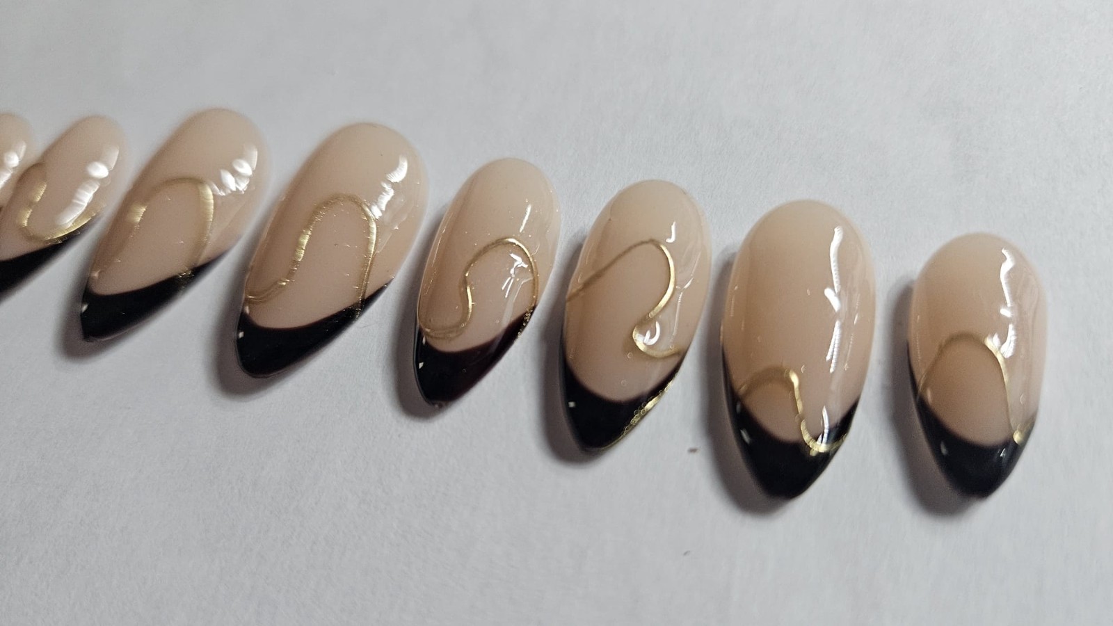 Handmade Gel Press On Medium Almond Black French w/Gold Details Large