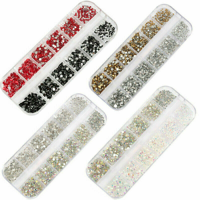 12Grid/Box 3D Nail Art Rhinestones Mix Size Flatback Glitter Diamonds Tips Decor