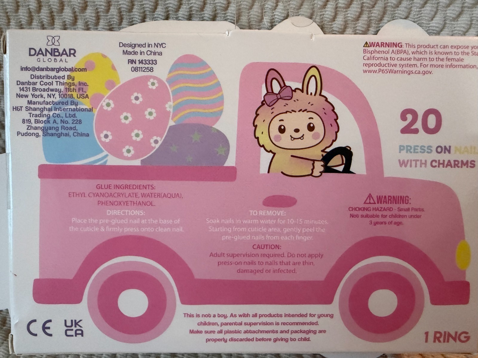 Kids Press-On Nails – 3D Bunny Themed – Two sets of 20 nails w/matching rings