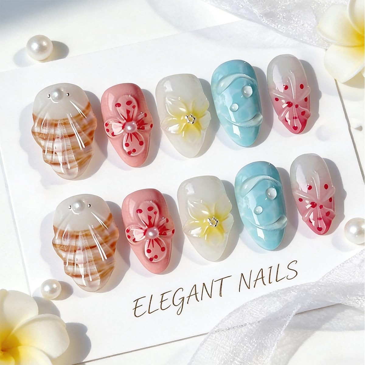 30Pcs Summer Beach Press On Nails Short Almond Fake Nails with 3D Flower Shel…