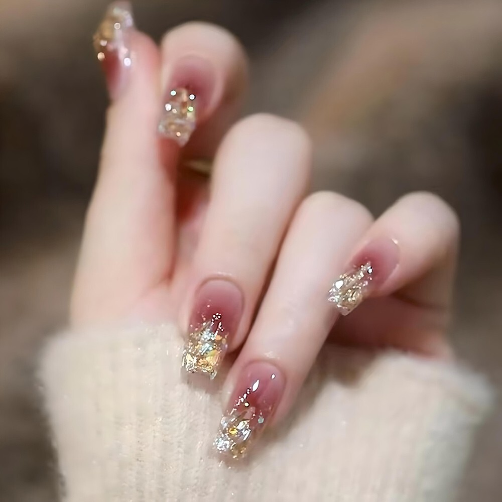 Hand-made UV Gel – Icy Blush Champagne Rhinestone – Removable Nail Patch Set