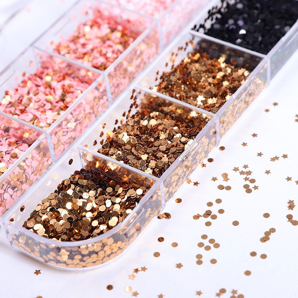 12 Grids Mixed Nail Glitter Flakes Heart Star Shape Sparkly Nail Art Decoration