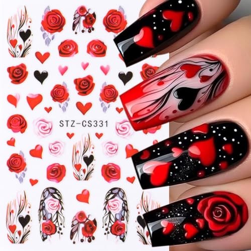 Valentine’s Day Nail Art Stickers Red Heart Nail Decals with Rose style6
