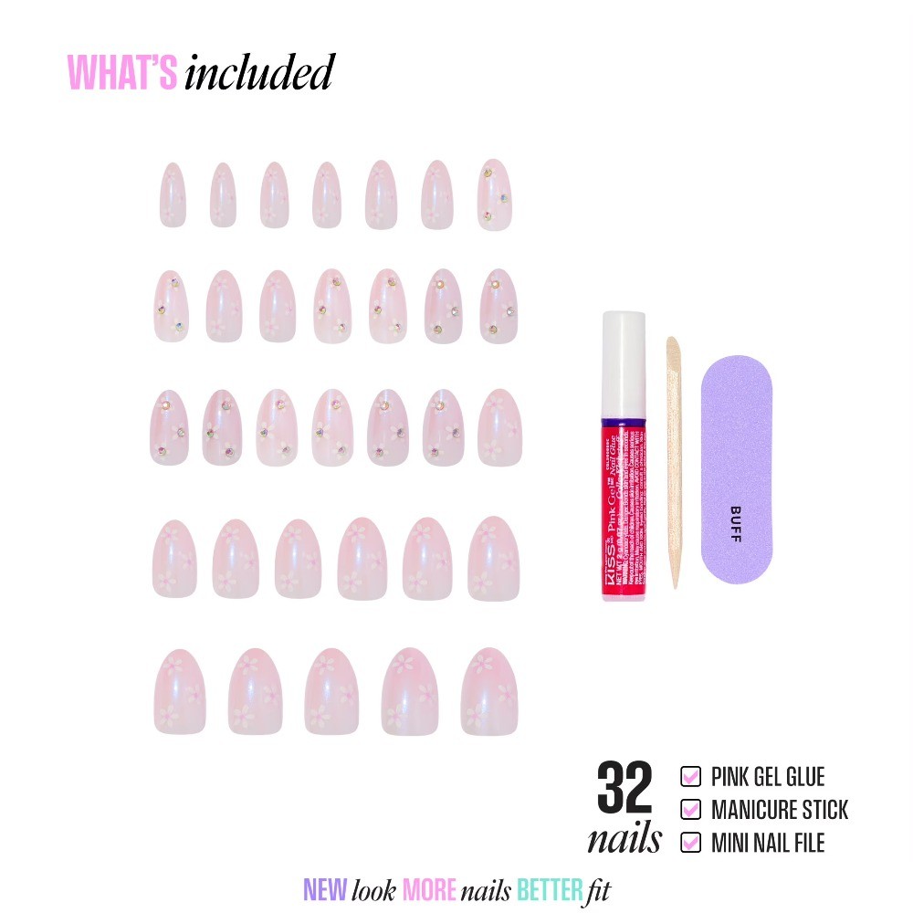 Glam 3D & Jeweled Medium Almond Press-On Nails, Pink, 32 Pieces