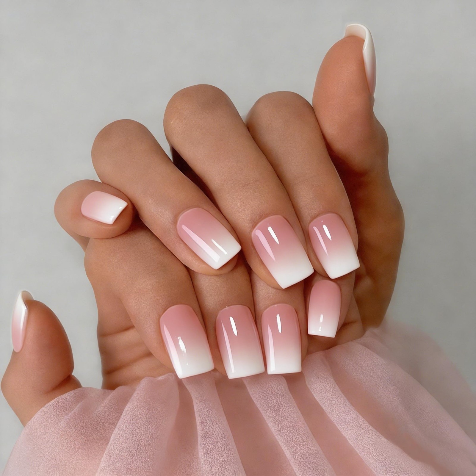 Ombre Press On Nails Medium Short Square – White and Pink French Fake Nails w…