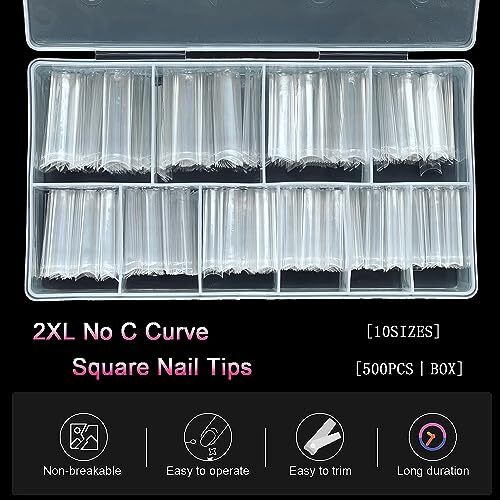 500Pcs No C Curve XXL Square Nail Tips- Acrylic Fake 500 Piece Assortment Clear