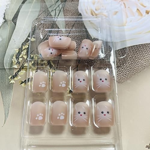 Press on Nails Square Short Length Acrylic Glossy Full Cover Cute White Cat
