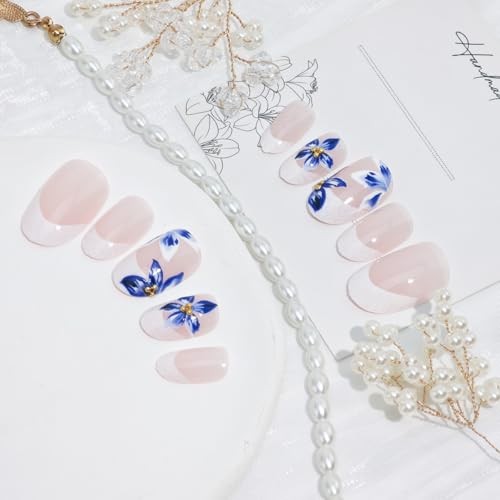 24Pcs Blue Flower Press on Nails Medium Almond Fake Nails with Flower Nails-21