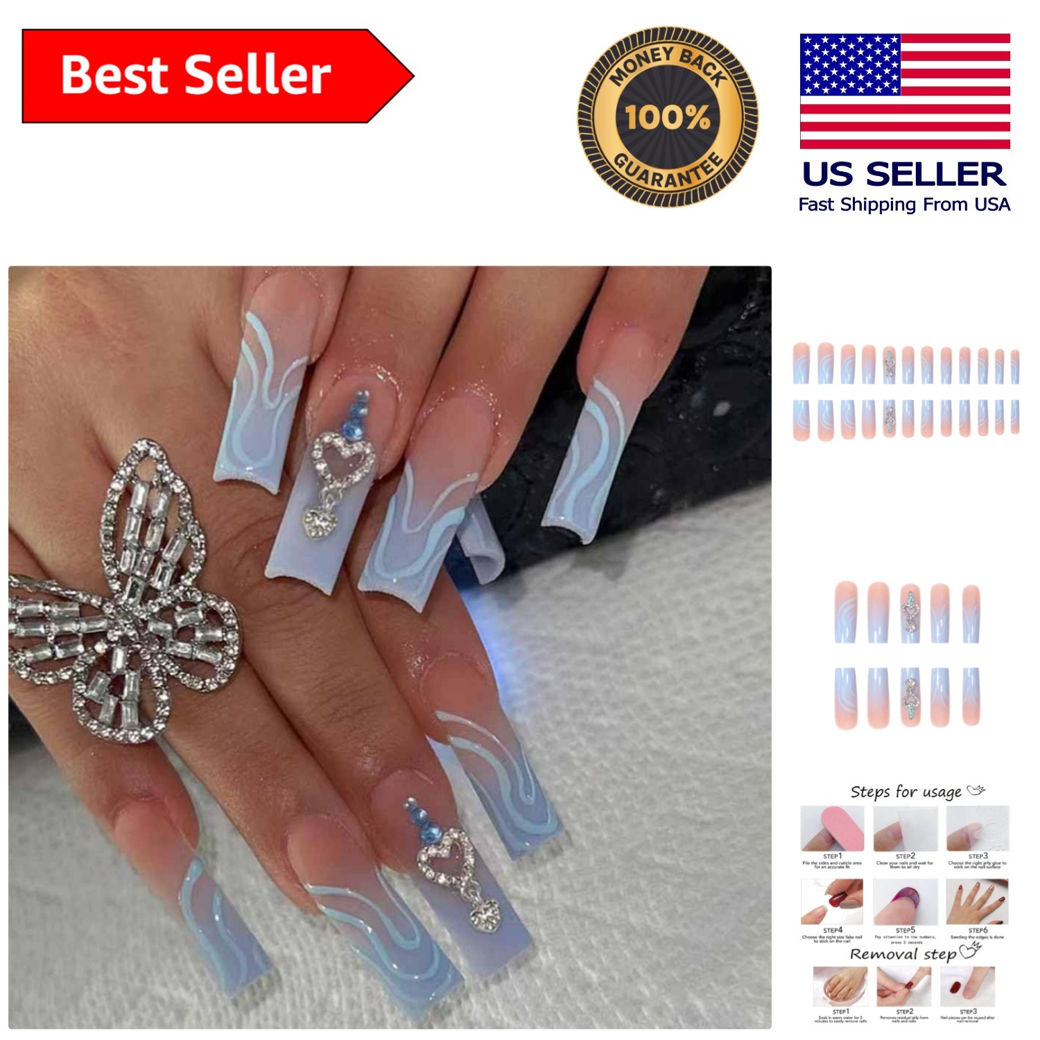 Trendy Blue Press On Nails with Rhinestones – Perfect for Any Occasion – 24PCS