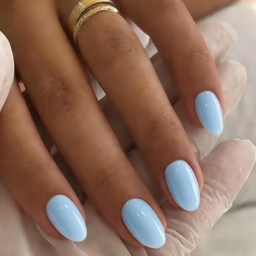 Pastel Soft Blue Press on Nails – Oval – 32 Pcs – 16 Sizes – Gel Fake