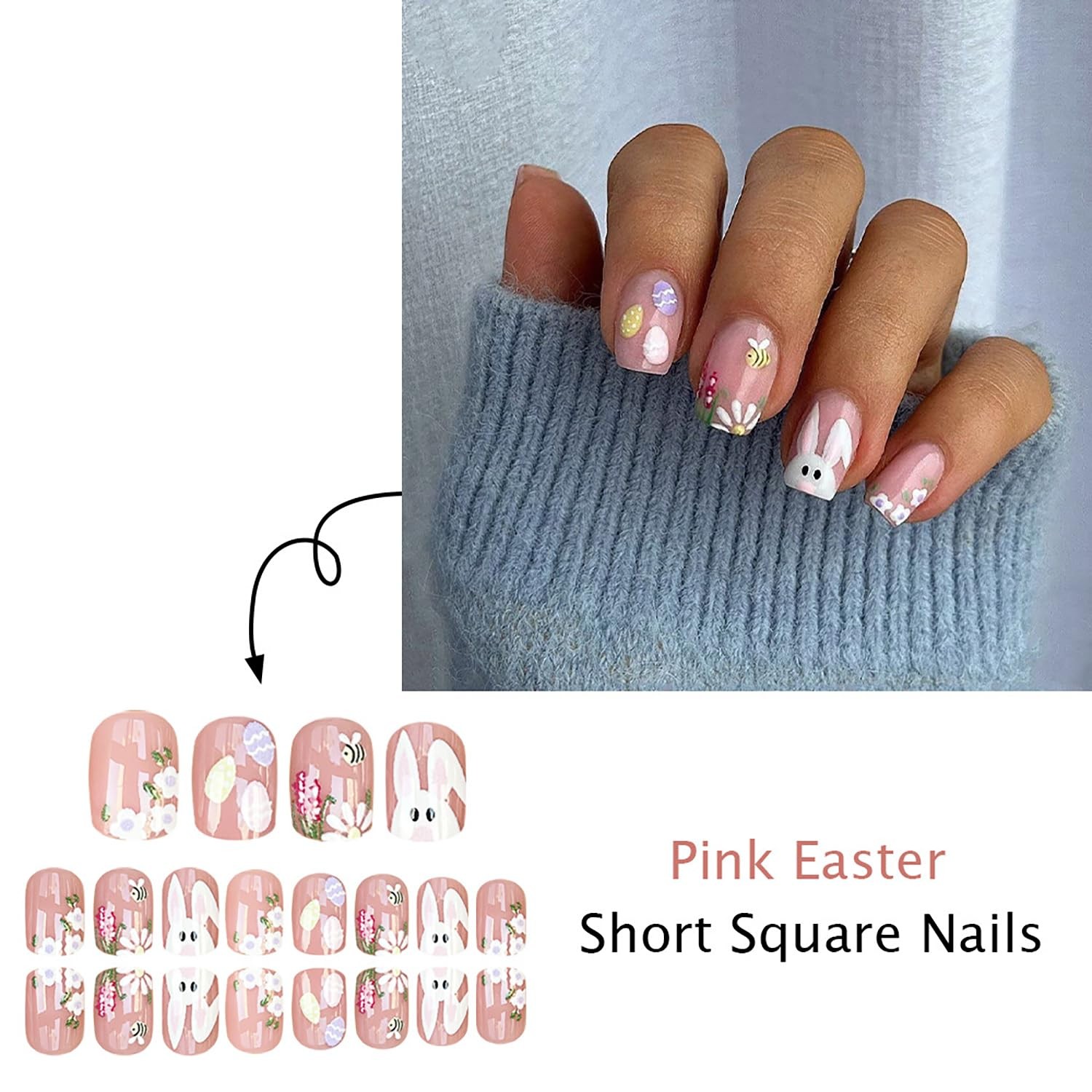24Pcs Easter Press on Nails Short Square Fake Nails Spring Flower Bee Glue on…
