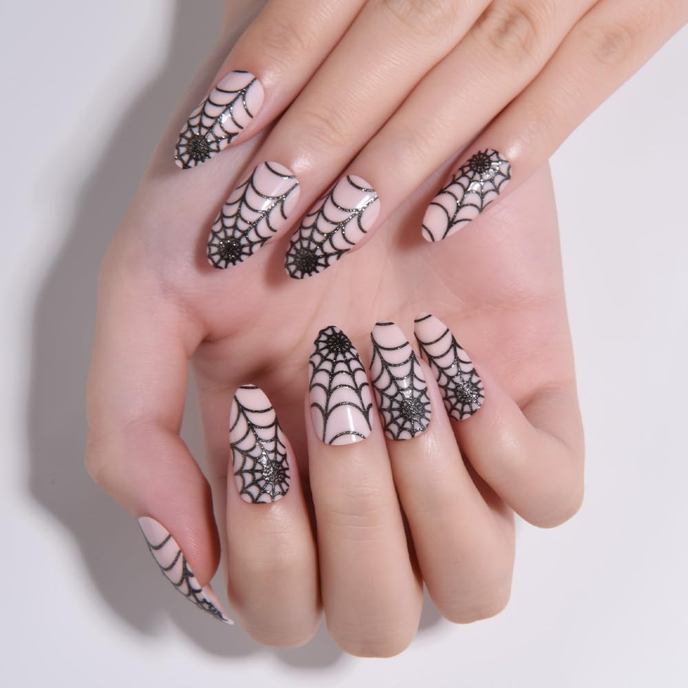 evpct Short Almond Pink Black Cobweb Nail Tips 24Pcs