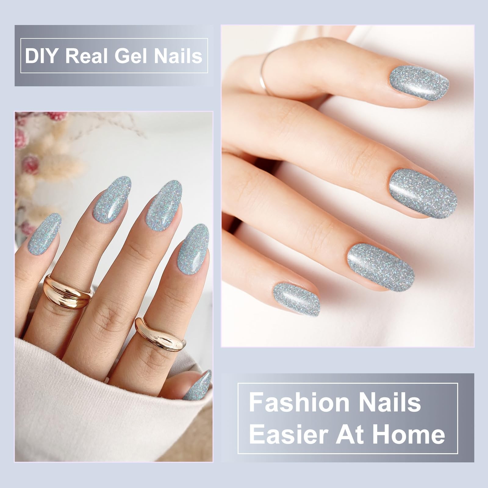 Semi Cured Gel Nail Strips,28 pcs Glitter Gel Nail Stickers with UV Light Req…