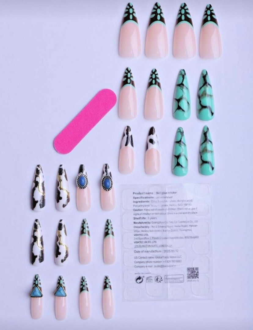 24pcs Long Blue Turquoise Western, Cowgirl – Press-On Nails New