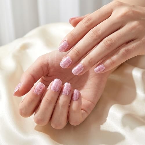 Semi Cured Gel Nail Strips 32 pcs UV Gel Nails Sticker Glitter Pink Cat Eyes