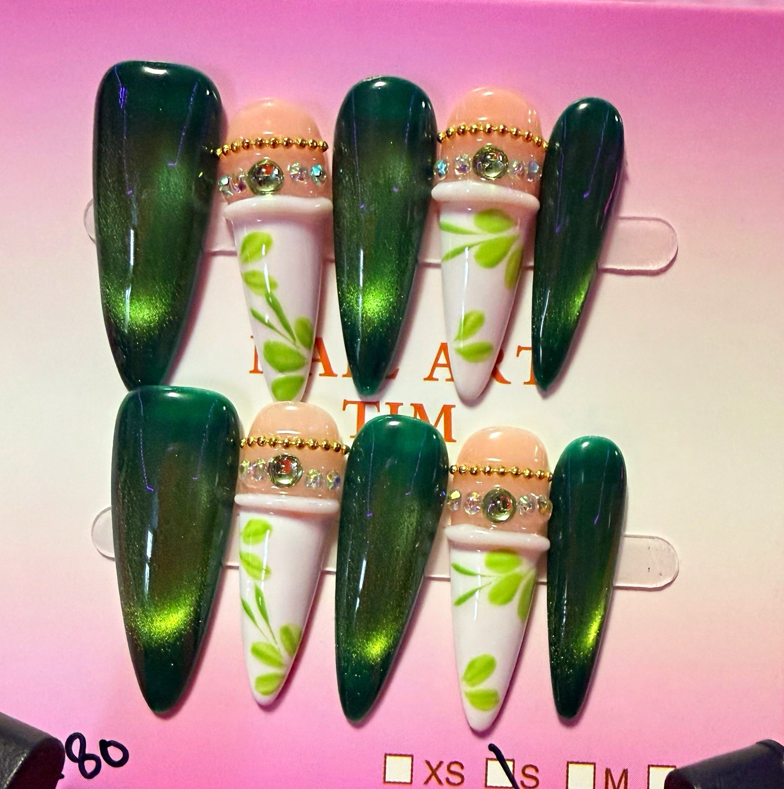 Green/White Shiny Leaves Coffin Press-On Nails, Long, Pre-Designed Nail Art
