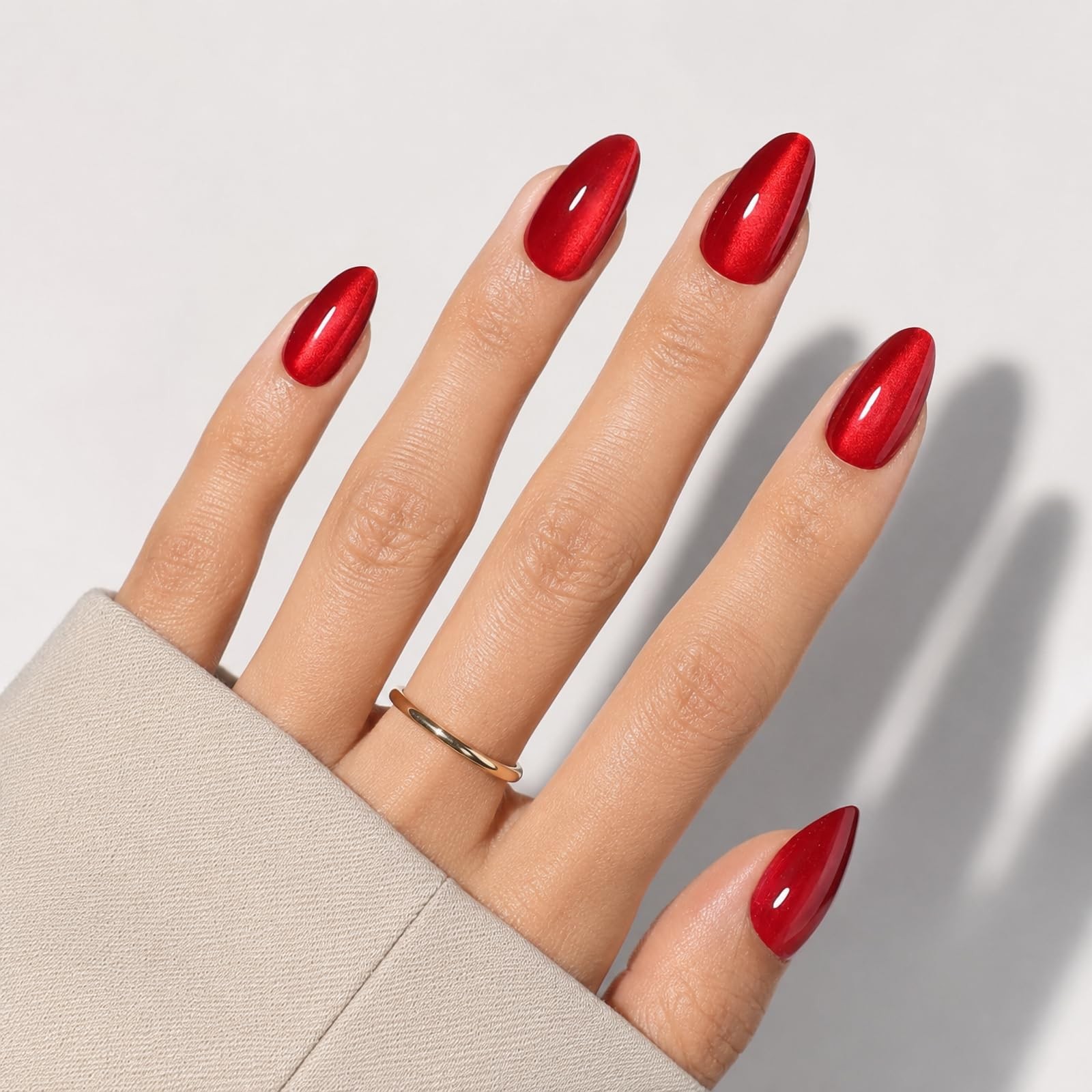 Cherry Red Cat Eye Press On Nails, Short Almond Reusable Nails | Includes 32 …