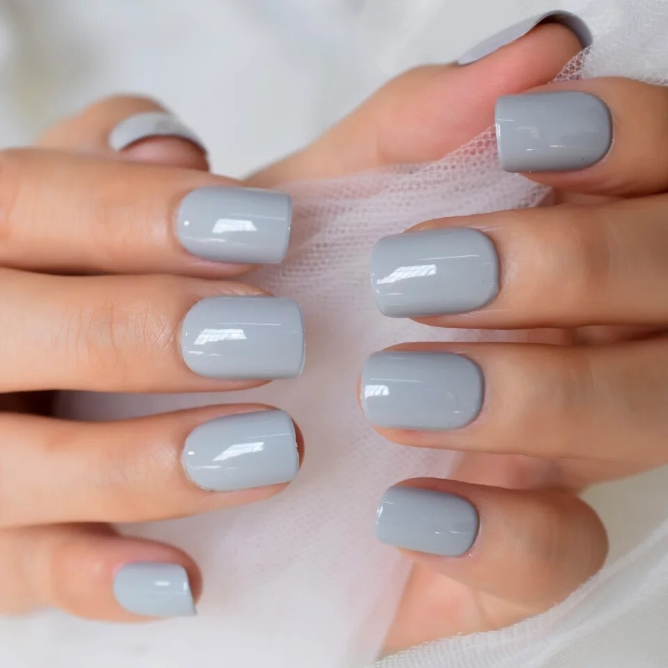 24 Gray Short Press On Nails Glue Kit grey glossy gel light pale shiny nice diy