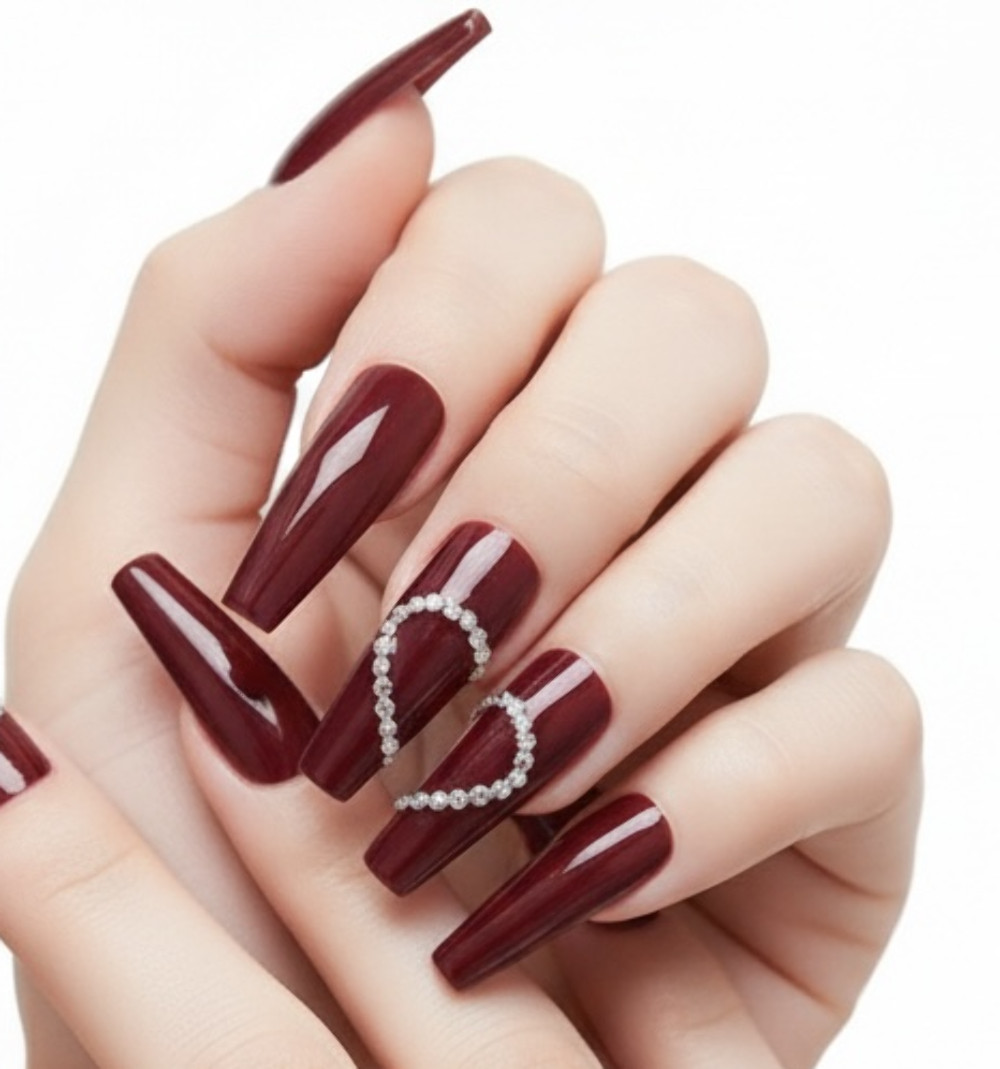 Red Burgundy 3D Crystal Coffin Ballerina Extra Long Rhinestones Press On Nails