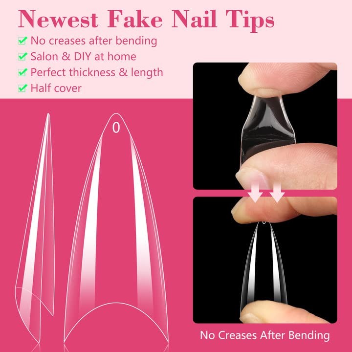 Clear Stiletto Nail Tips, 500PCS Half Cover Soft Gel Nail Tips Medium Stilett…