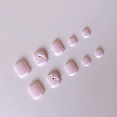 24Pcs White French Tip Press on Toenails Short Fake Toe Nails Press Design E4