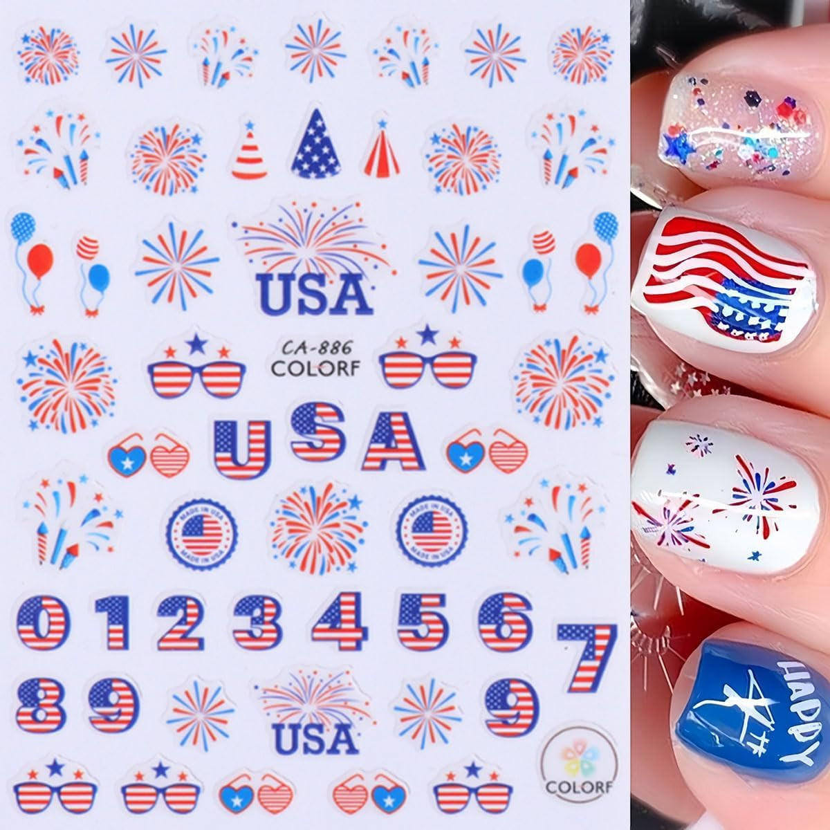 10 Sheets 4th of July Nail Art Stickers Patriotic Nail Decals 3D Self Modern