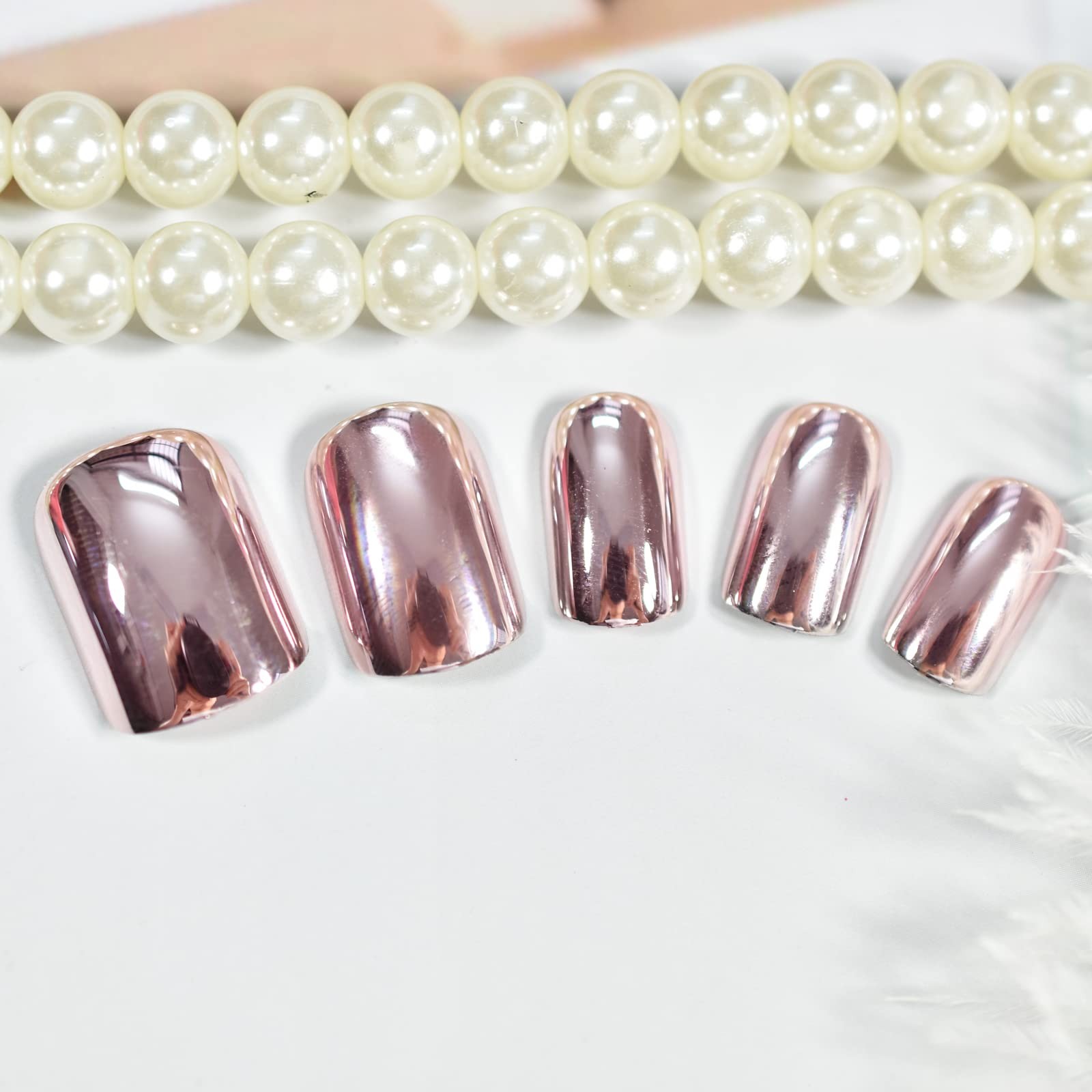 Metallic Mirror Press On Nails Light Pink False Nails Squoval Medium Lenght N…