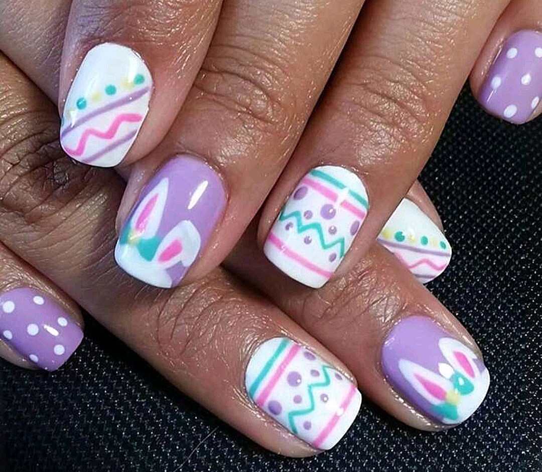 Press-On Nails Easter Bunnies Lavender Dots White Short Shiny