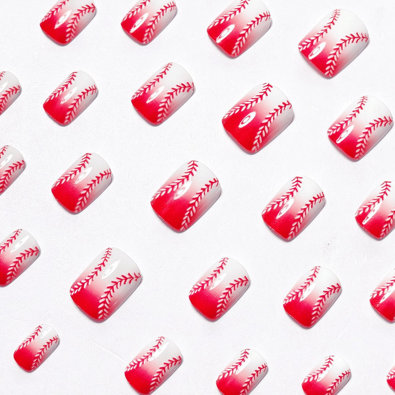 48Pcs Short Square Nails, Red White Gradient, Baseball Pattern, Sporty Style