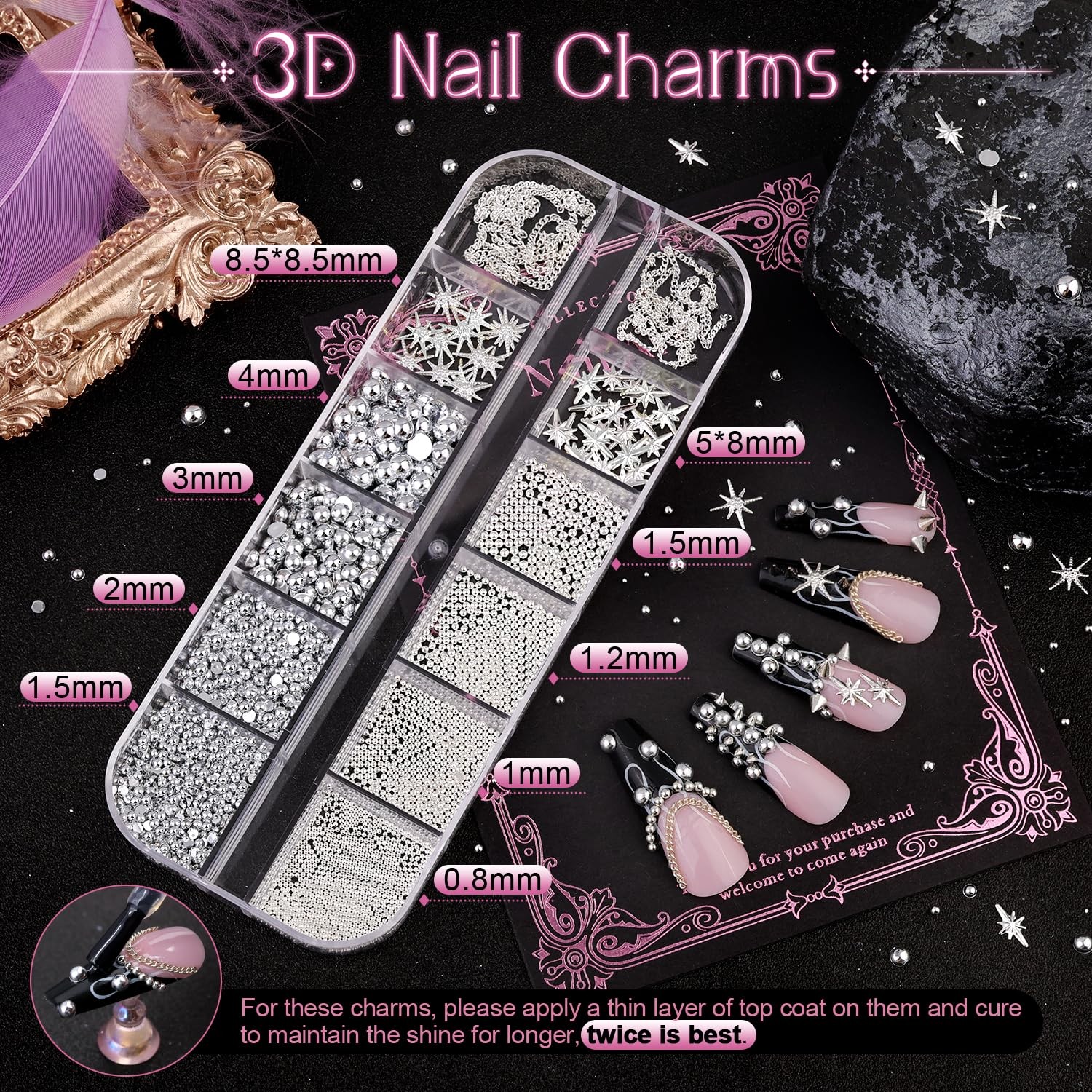3D Mini Punk Nail Studs Cone Spike Alloy Rivets Black+Silver, Silver Flatback…