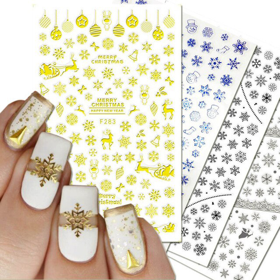 Nail Art 3D Decal Stickers gold snowflakes deer toys merry Christmas F283B