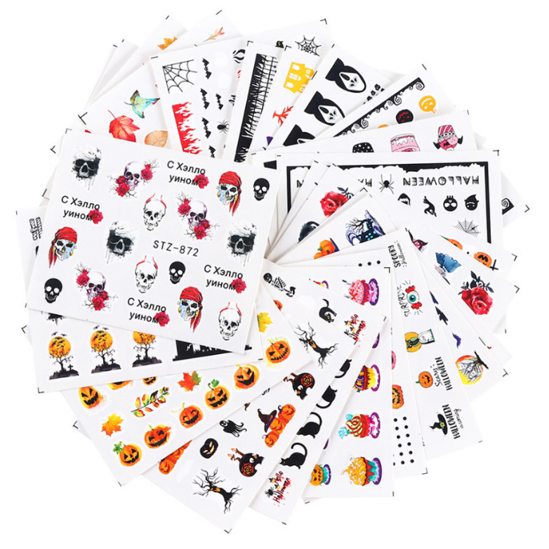 Nail Art Stickers Water Decal Transfer Halloween Cat Cobweb Pumpkin Skull NH15