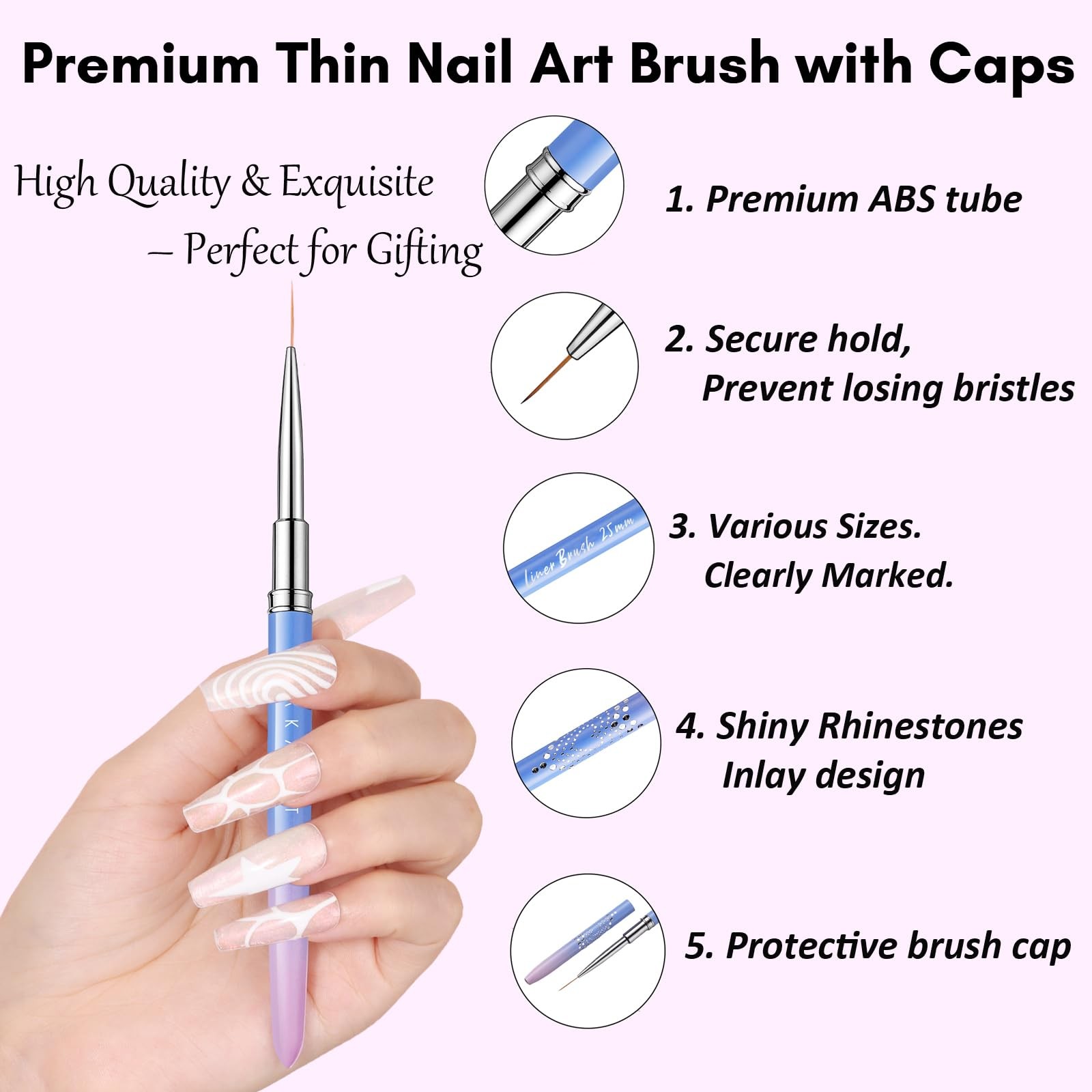 Makartt Nail Art Brushes Set 5pcs Liner Brushes 7/9/11/15/25mm Thin Nail Art