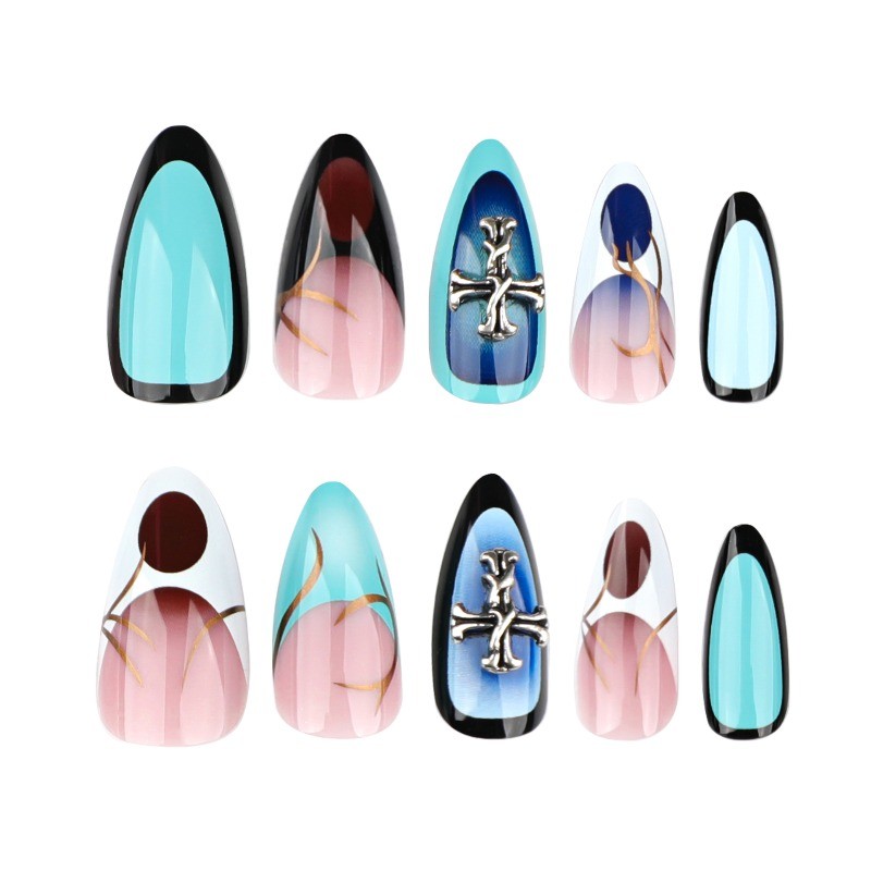 48pcs-Press on Nails Blue Ombre Cross Metal Decor Almond Glossy Nail Art Set